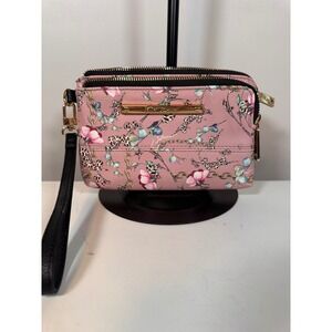 Betsey Johnson Pink Floral Leopard Print Double Zip Wristlet Clutch Bag